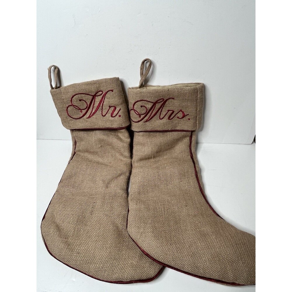 Storehouse Mr. & Mrs. Embroidered Burlap Christmas Stockings Red Tan 21”